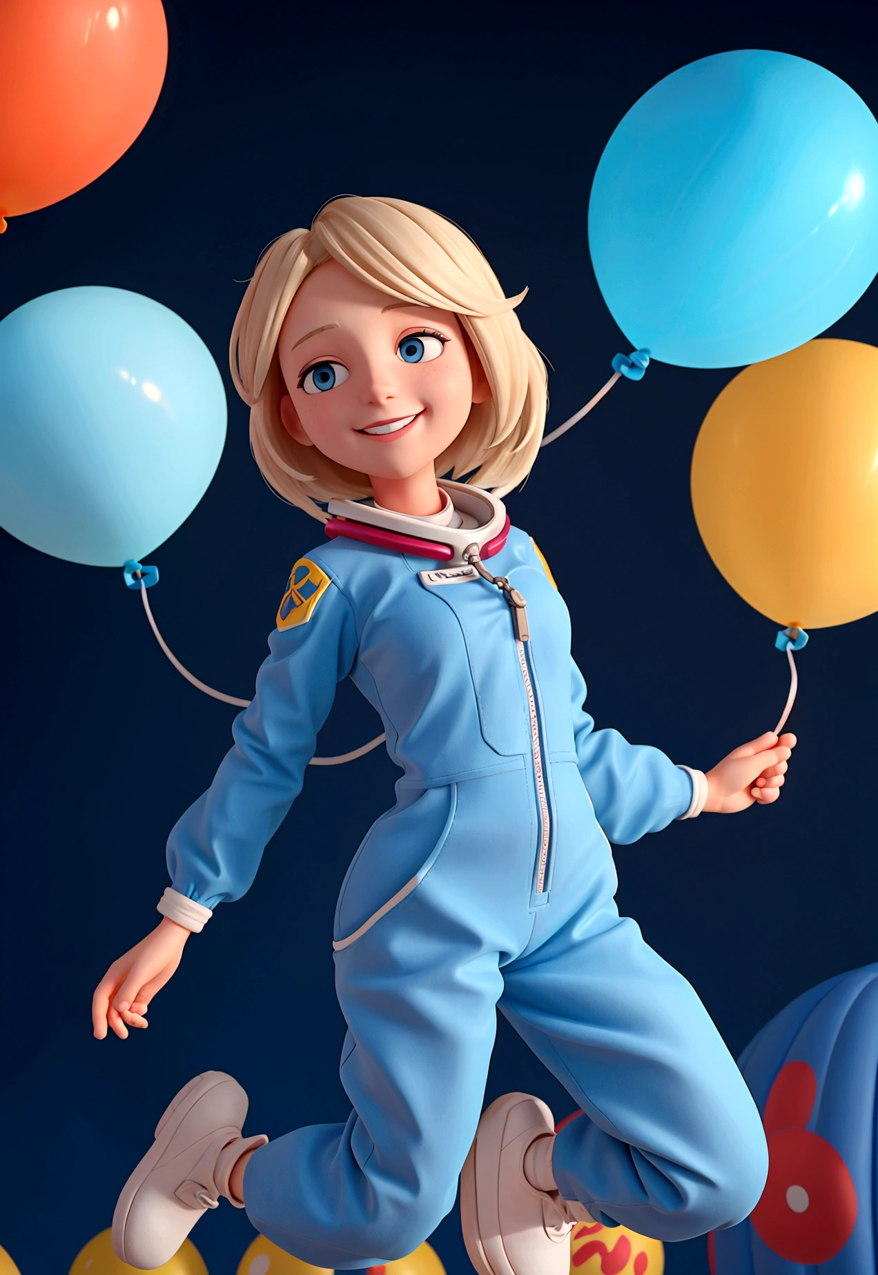a blonde female astronaut wearing a blue jumpsuit being carried by balloons skyward. YOUR BODY IS LEANING. She holds the balloons in her right hand, by ropes. As she is taken, She smiles and looks at her mother's left, as if inviting someone to go with her. She offers her other left hand for them to hold. her feet are no longer on the ground, she floats. her body should not be cropped in the image.