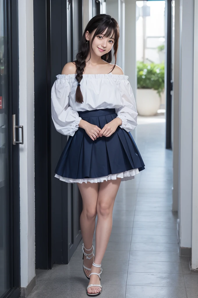 Young woman posing in an indoor corridor。She is wearing a blue blouse with a heart pattern.、The blouse has an off-the-shoulder design.。The blouse is cinched at the waist、The frills are on。She is wearing a white pleated skirt、On her feet she wears white sandals。Her hair is long、blackened、Braided into twin tails。She is smiling at the camera.、I'm posing with my back slightly twisted.。In the background you can see a photo spot perfect for Instagram.。Overall bright、There is a clean atmosphere。She has long straight black hair、Has fluffy bangs that fall on the forehead。The face is round、Has big brown eyes。Her eyes are sparkling.、It has a slightly moisturized shine.、Emotions are abundantly expressed。The eyes are slightly open、I feel interest and curiosity。Also、Long eyelashes、It enhances the sparkle in your eyes。