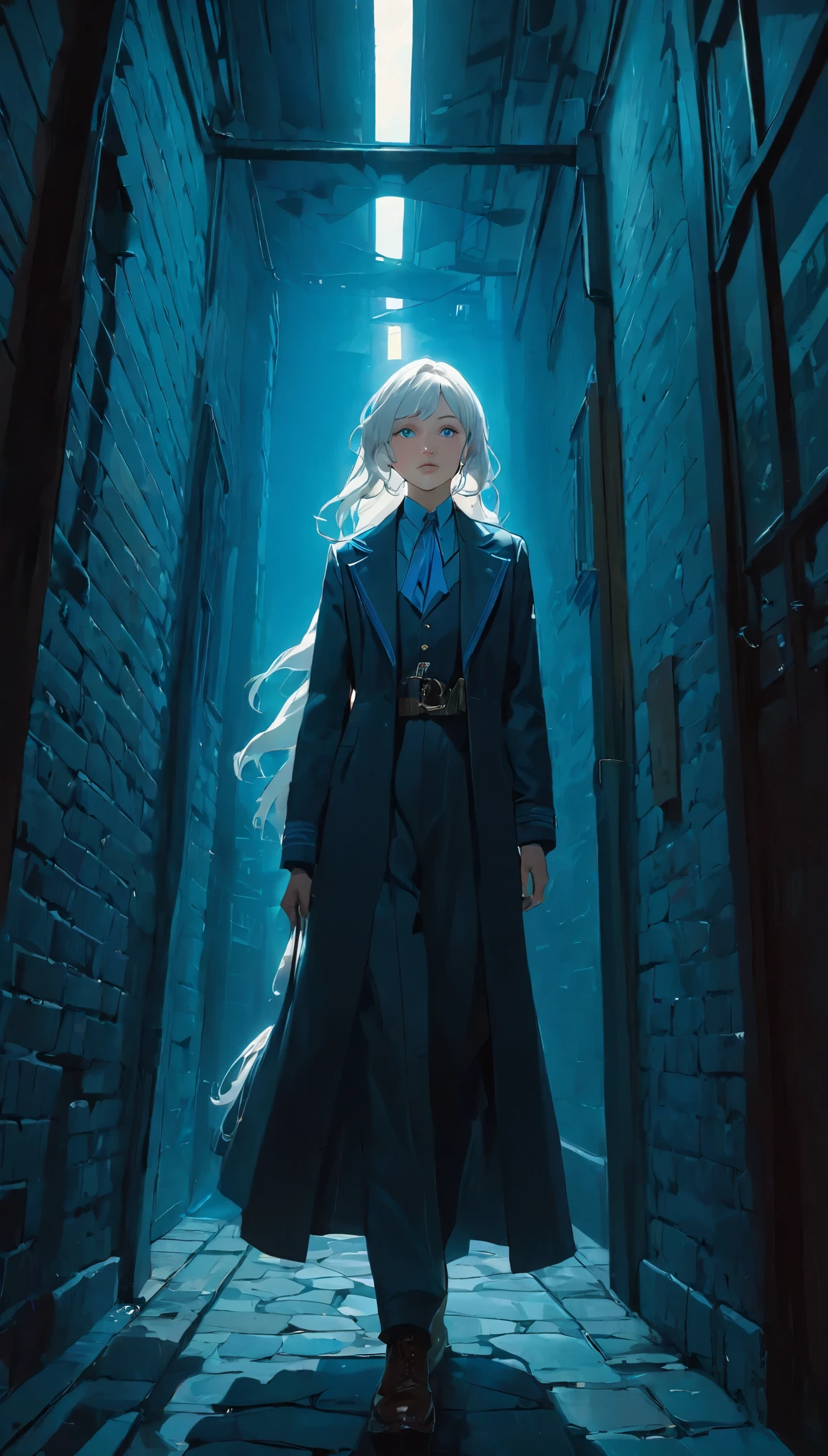 (Front focus),(in the darkness:1.6), 14 years old,Surrealist Portraits of Women by David Hockney and Alphonse Mucha,Fantasy Art, Reality, Dynamic Lighting, Art Station, poster, Volumetric Lighting, Highly detailed face, 4,000 yen, Awards,, A girl, In the streets, Sunlight in the distance，Masonry floor，Looking up，Deep Shadows, humble,Cowboy shooting,(Official uniform:1.4) ,Long hair,White hair,