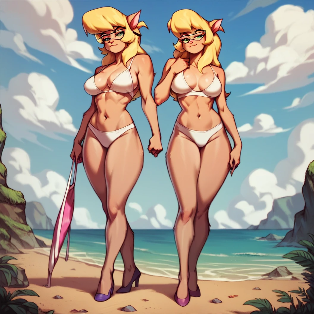 2girls, clones, Callie Briggs, detailed, detailed fur, white bra and panties, legs, purple heels, blonde hair, eyes open, beach, glasses, hula skirts, thicc thighs, white bikini, standing,