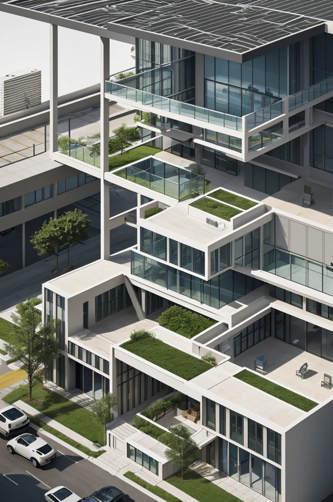 Conceptual block model and visual form architectural visualization, A Commercial building that effectively balances retail and office spaces while promoting fluid circulation and a strong connection between inside and outside environments. The design emphasizes flexibility, sustainability, and user experience across both horizontal and vertical dimensions.