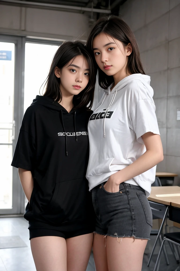 deux femmes ensemble de 18 ans sexy et mince , black short sleeve hoodie , salle de classe, se touche,position sey,sensuel