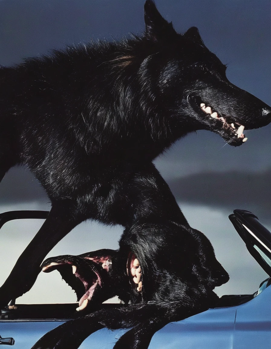 giant black wolf in police car