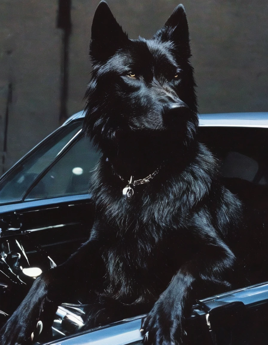 giant black wolf in police car