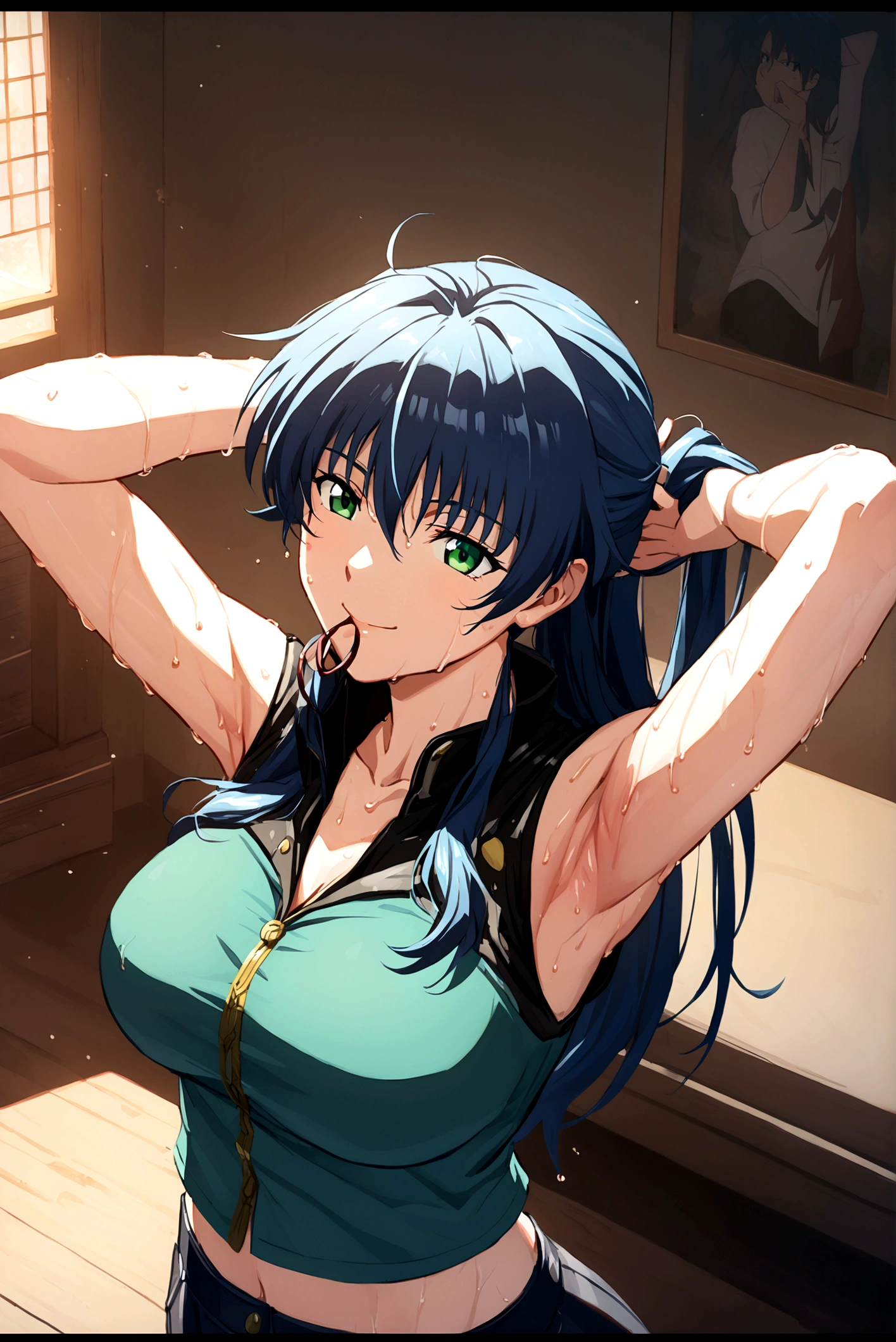 Large Breasts, anime girl with blue hair and green eyes long haired, misato katsuragi, portrait knights of zodiac girl, fubuki, kusanagi, inspired by Rei Kamoi, nico robin, ikki tousen, knights of zodiac girl, juri misaki, gainax anime style, close view 8K,HD,Wallpaper masterpiece 1.3, large ass, casual Clothes. Home backround, smiling, a little sweaty, croptop. Tying up hair, arms behind hair, hair tie in mouth, slightly sweaty armpits