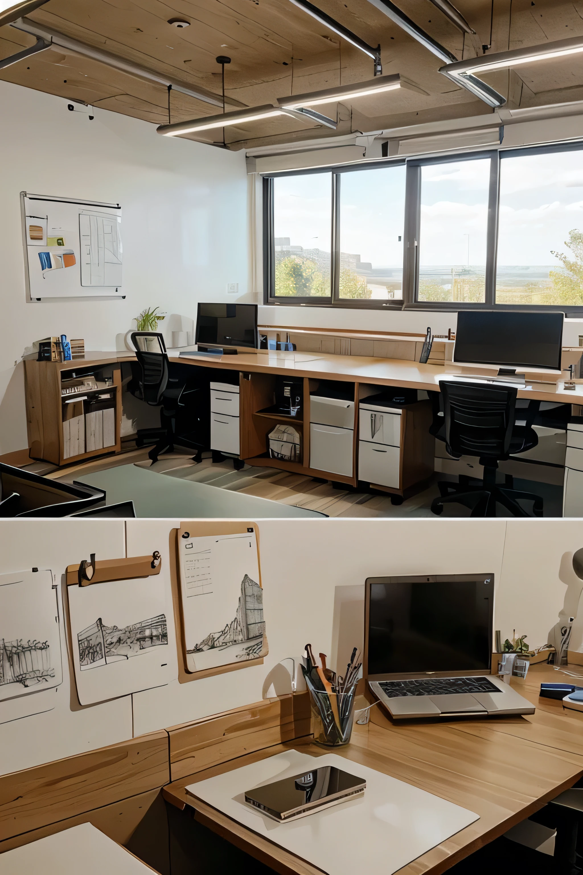 natural landscape of a tech startup workspace with modern desks, laptops, and idea boards filled with sketches and notes
