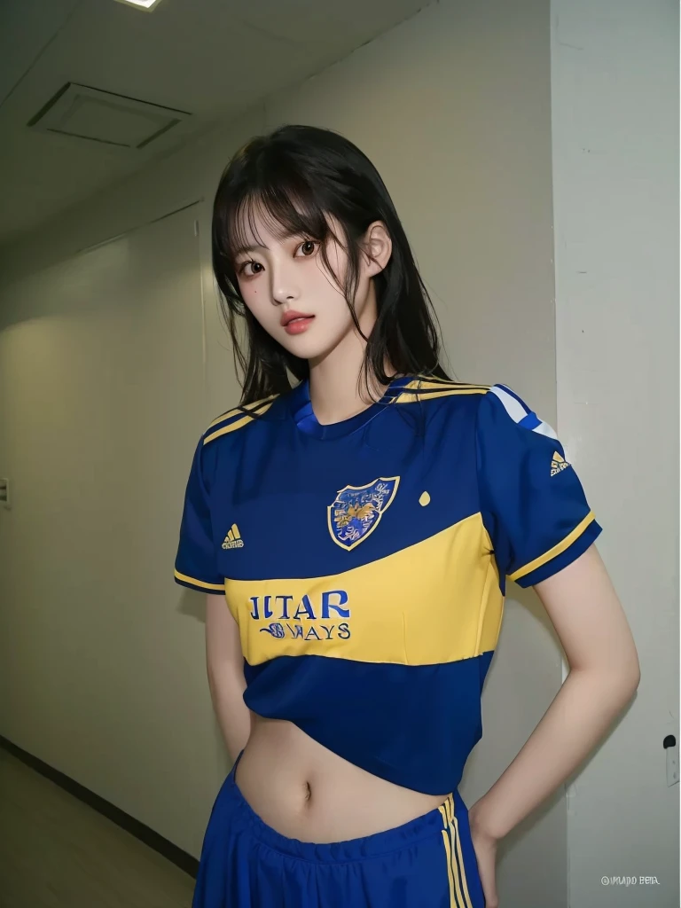Arafed Asian woman in blue and yellow uniform posing for a photo., korean girl, wearing a volleyball shirt, wearing a school football uniform, female idol face momo twice hirai momo fem japanesse face 