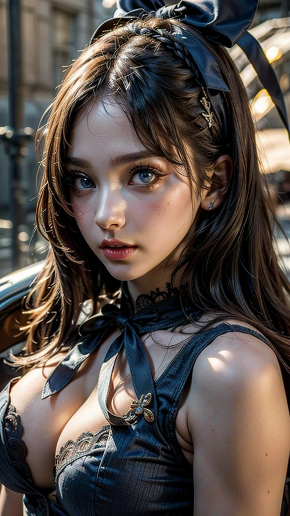 One girl, masterpiece, (Highest quality), 8K, Detailed skin texture, Detailed cloth texture, ((Beautifully detailed face:1.4)), Intricate details, Super detailed, Alice in Wonderland, (A ribbon on her head:1.1), ((Upper Body)),((Natural big breasts:1.2)),((Very beautiful big eyes))