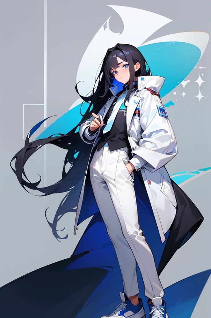 an effeminate ager with long straight dark hair, although, a little bluish, blue colored eyes, white labcoat, wearing fingerless gloves, Black pants with pockets, white stockings, red and white sneakers with white laces, he is making hot chocolate, looking at screen.