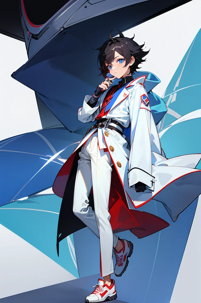 an effeminate teenager with long straight dark hair, although, a little bluish, blue colored eyes, white labcoat, wearing fingerless gloves, Black pants with pockets, white stockings, red and white sneakers with white laces, he is making hot chocolate, looking at screen.