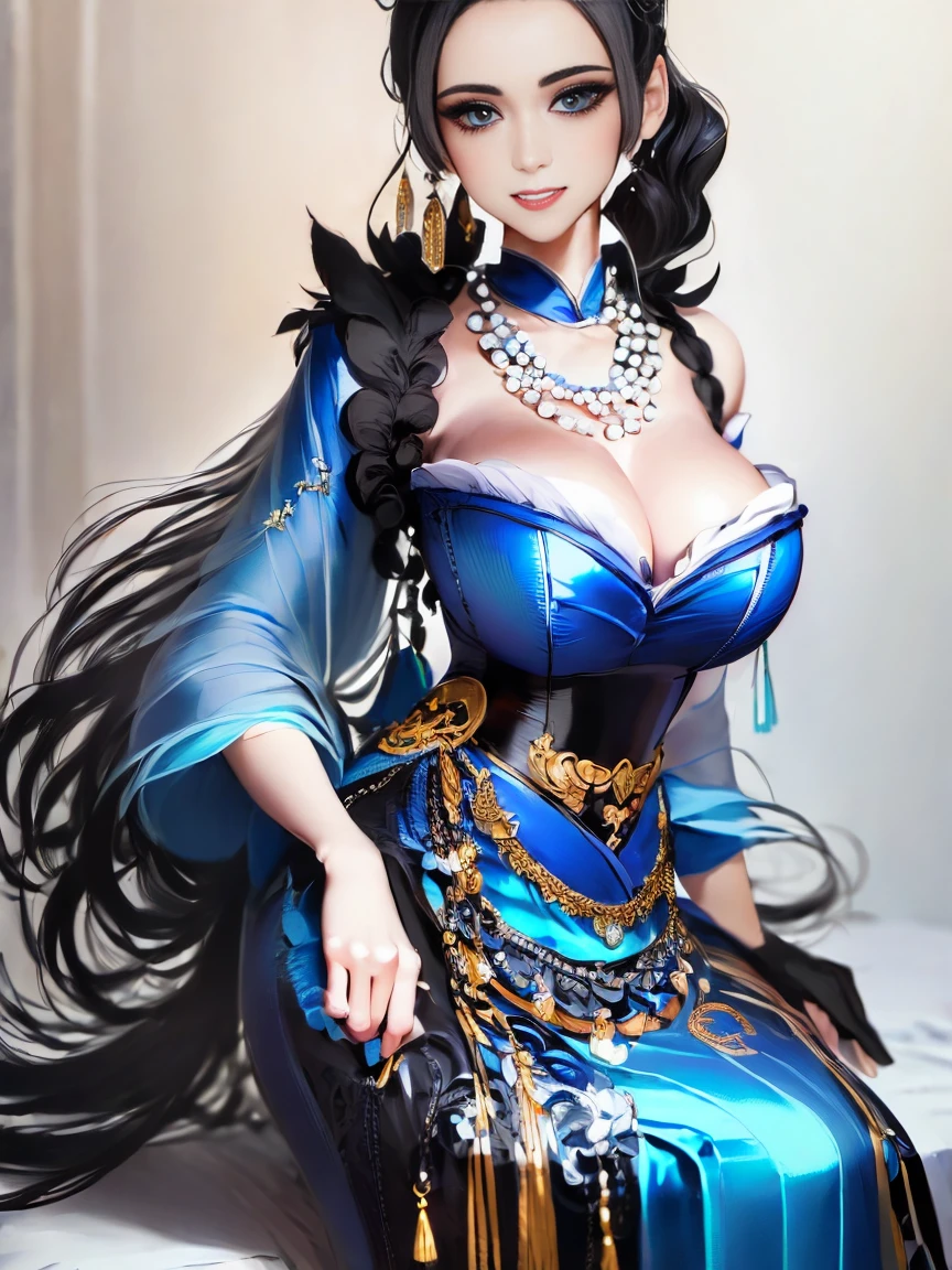 ((extremely realistic shading, masterpiece, extremely detailed, photorealistic)),Black hair,bright blue eyes,pearl necklace,necklaces,blue Chinese clothing,blue gloves,blue high heels,