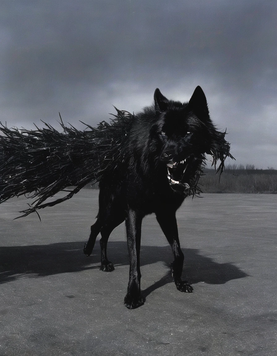 view from street of car with giant black wolf barkling inside