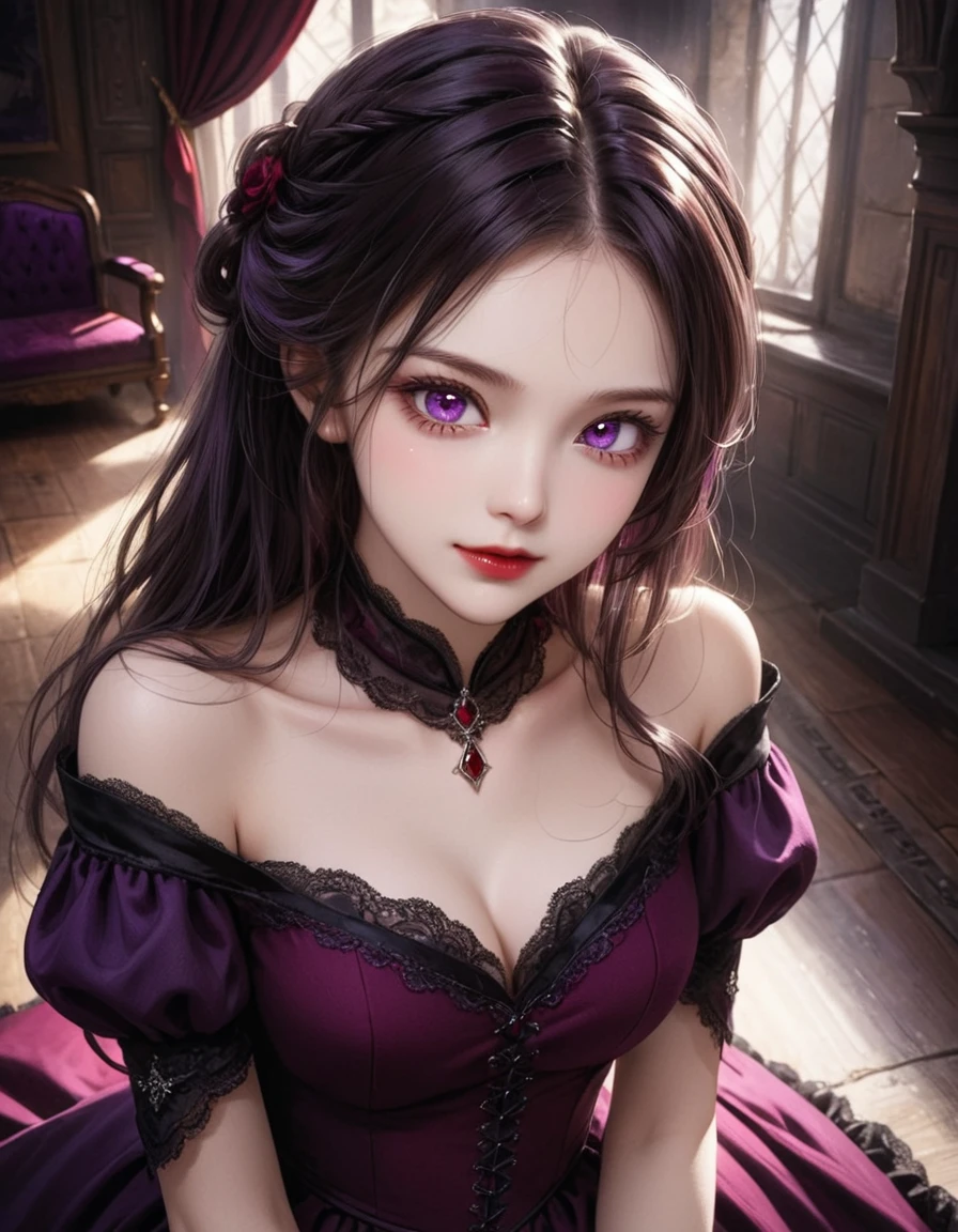 dynamic angle, (close up face), vampire princess, Under the moonlight, in a room of an old castle, there is a princess. Her skin is white, her eyes are deep crimson, and her beauty is beyond human. Her dress is made of black and purple velvet, and its hem flows as if tracing the floor. A faint smile is on her lips, but behind that smile, you can feel something not human. It indicates that she is a vampire. However, her appearance makes you feel more cute than scary. Her purity and elegance well hide the fact that she is a vampire.