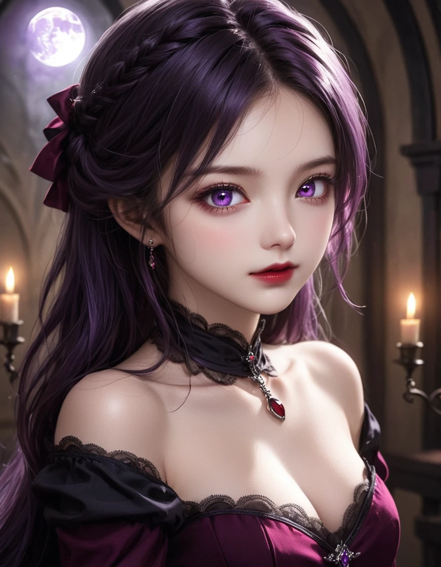 dynamic angle, (close up face), vampire princess, Under the moonlight, in a room of an old castle, there is a princess. Her skin is white, her eyes are deep crimson, and her beauty is beyond human. Her dress is made of black and purple velvet, and its hem flows as if tracing the floor. A faint smile is on her lips, but behind that smile, you can feel something not human. It indicates that she is a vampire. However, her appearance makes you feel more cute than scary. Her purity and elegance well hide the fact that she is a vampire.