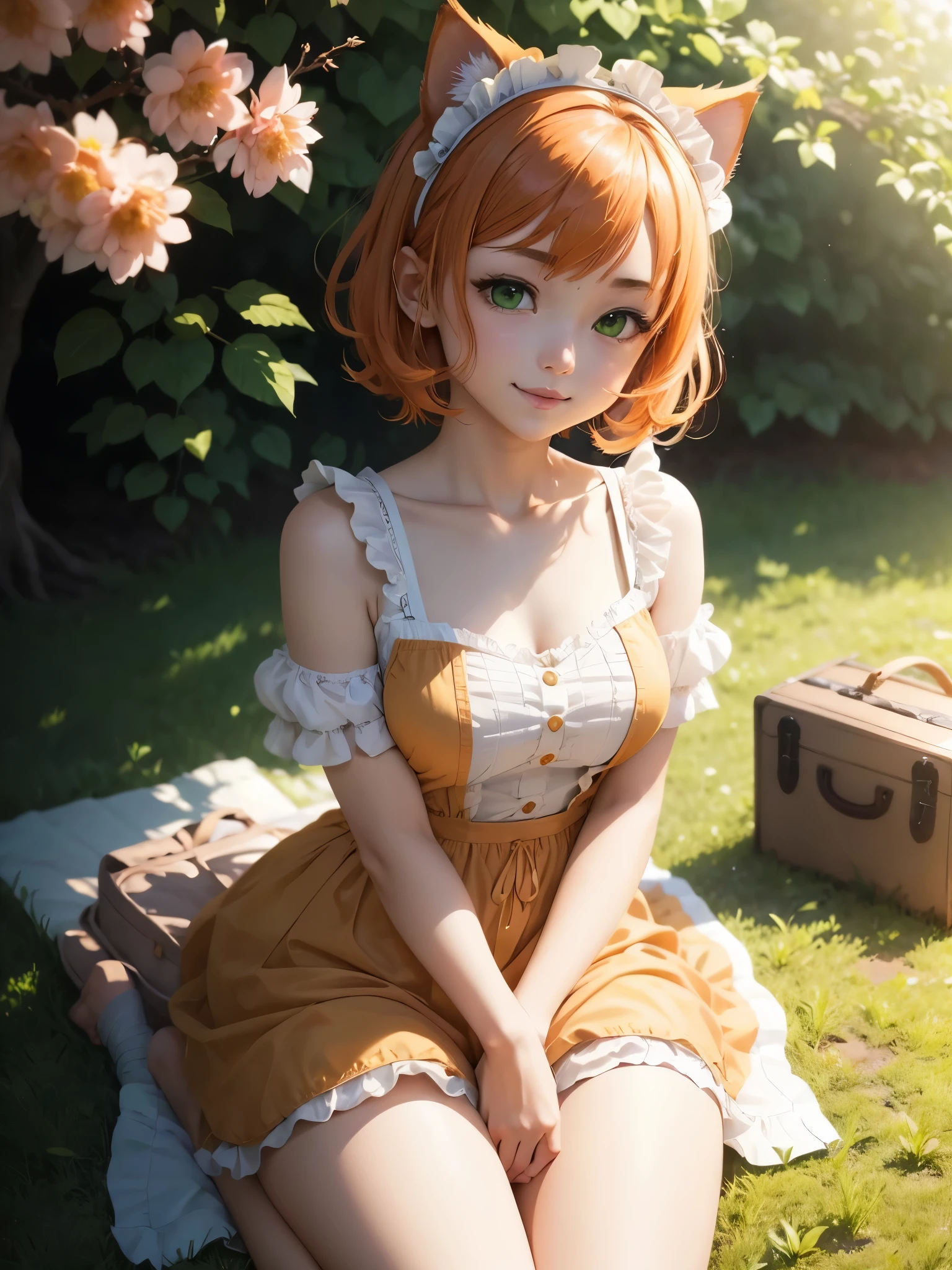 (Masterpiece), (Ultra detailed), (Full body: 1.2), 1 girl, chibi, cute, smile, bangs, redhead, short hair, horn, (forest: 1.3), (flower: 1.5), elf ears, depth of field, tree, handy legs, (beautiful detail face), (beautiful detail eyes), blur, (best quality)