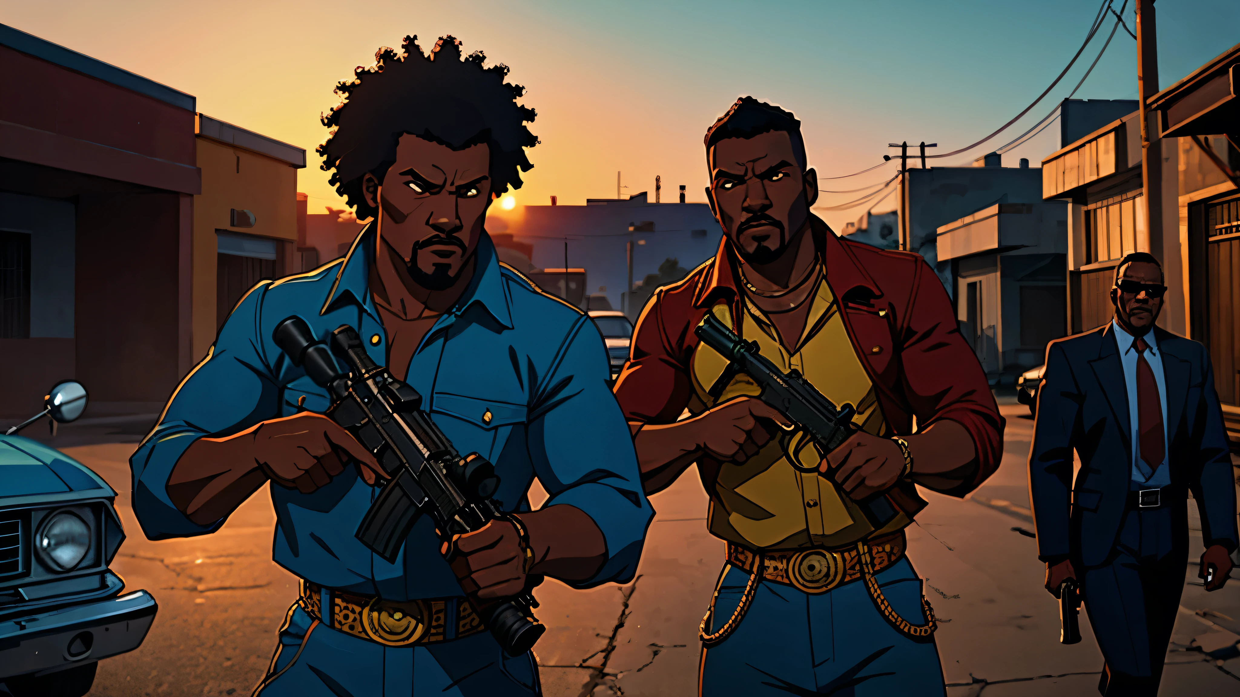 1970s, african-american gangsters holding a tommy gun, cinematic action, atmospheric perspective, depth of field, textured skin, super detail,