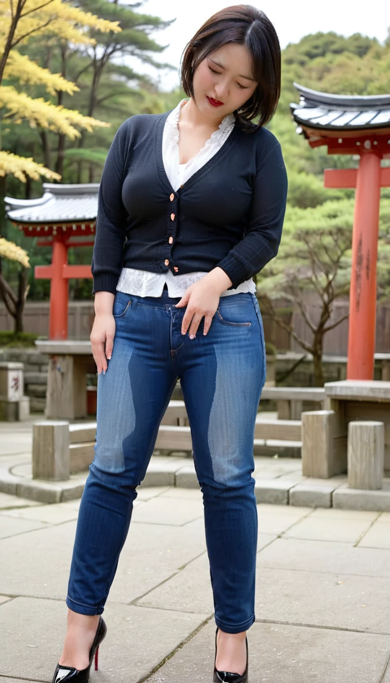 1woman,(masterpiece:1.8),photo-realistic,16k,(beautiful 40s japanese plump lady:1.2),(cardigan,chiffon blouse:1.6),(jeans:1.5),pumps,belt,(whimpering:1.6),(panicking:1.6),(crying:1.7),(Shinto shrine:1.3),(crowd:1.1),(wetting:1.5),(dripping pee:1.4),long hair,straight hair,black eyes,MILF,curvy,(huge breasts:1.2), makeup,lipstick,eyeliner,mascara,eyeshadow