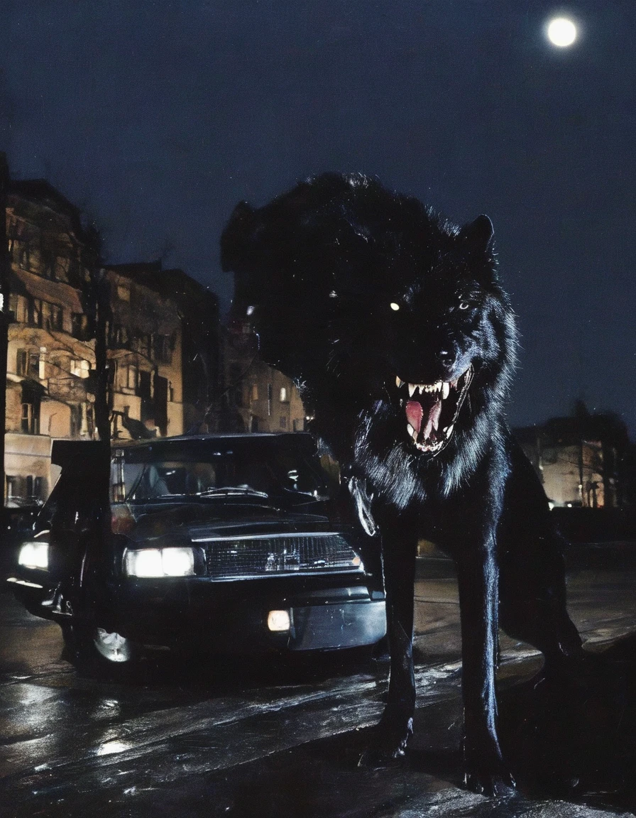 car with giant black wolf barkling inside standing on night street