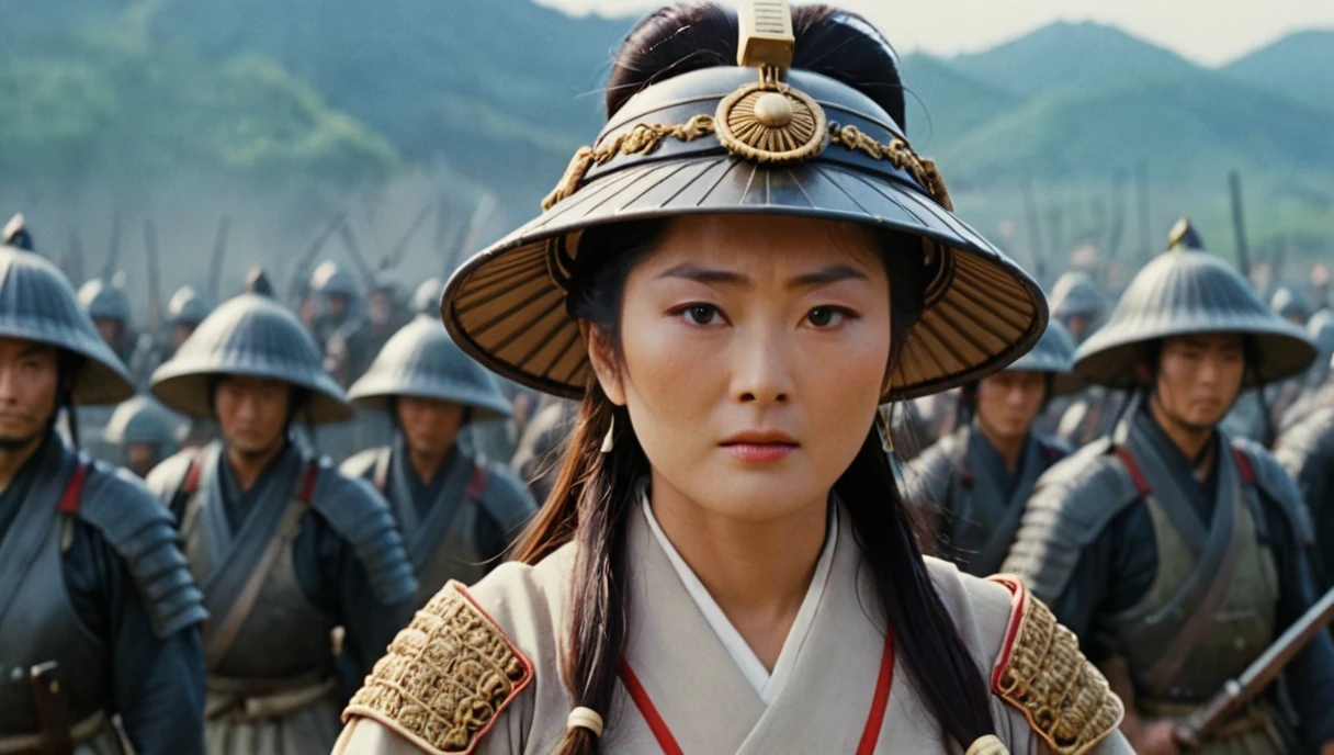 a shot from movie scene by Akira Kurosawa, beautiful Ancient Japanese female general on the battlefield