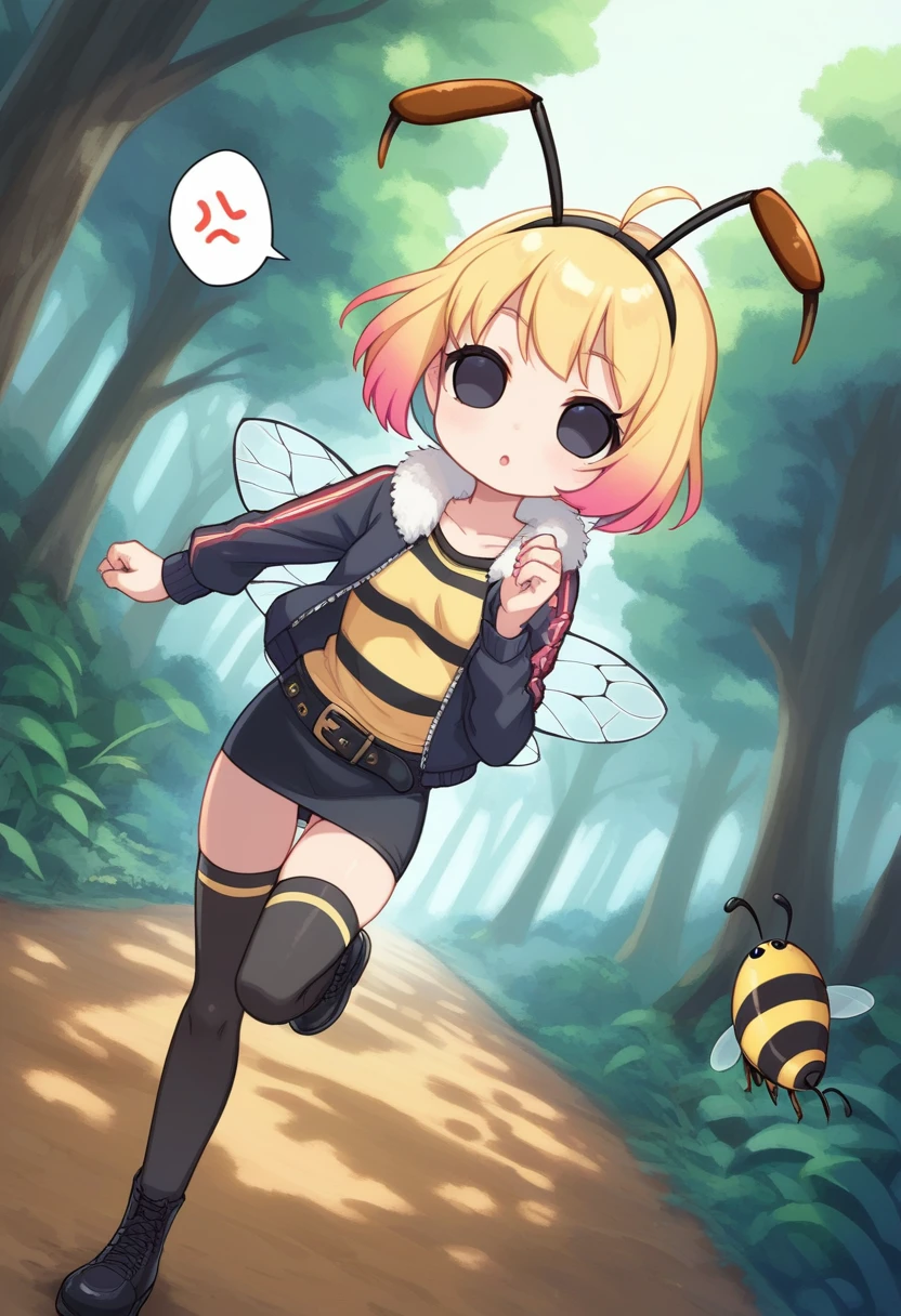score_9, score_7_up, score_6_up, 1girl, source_cartoon, source_anime,breathtalking Scenery,watercolor,smooth soft skin, natural skin,anime screencap,mjm,rating_questionable,
BREAK 
1girl,(solo:1.2),(hornet girl:1.4), bee girl,(little female child:1.3), (loli:1.3),6 yo, kawaii,baby face,small breast, cute face,oily skin,(Phat ass:0.6)
BREAK 
(black bob cut:1.4),(yellow gradient hair:1.2),(yellow dip-dye hair:1.1),(black lob hair:1.2),ahoge,highlight on eyes,(nail_polish:1.1), black eyes,beautiful eyes, detailed eyes, puffy eyes,
BREAK 
(bee antennae:1.3), (PVC material Extremely small bee wings:1.1), (bee wings:1.1),symmetry bee wings, anger vein,anguish,(spoken squiggle:1.5),spoken anger 
BREAK
belt buckle,jacket, zip up, (pencil Skirt:1.1),(yellow striped black stockings:1.3),pierce,chain accessory,punk rock, croped shirt
BREAK 
isometric,dutch angle,(deep forest,forest,darkness:1.2),(running:1.3),dynamic running,dynamicangle,In a secluded setting, surrounded by a dense forest, the bog lay hidden like a secret gem, its misty surface whispering tales of ancient times,misty,deep forest,