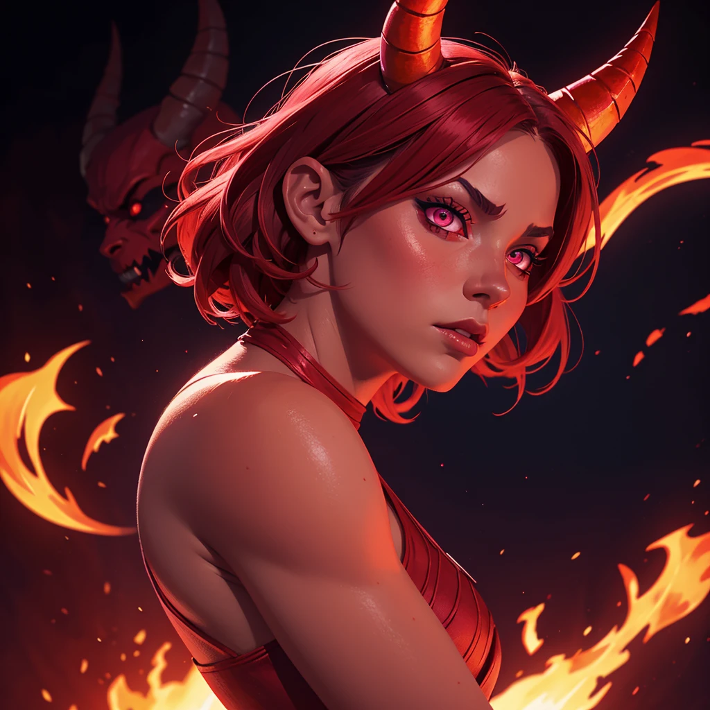 solo, 1girl, ((best quality)), ((masterpiece)), (detailed), 4k, very small red goblin girl, red skin, pointy ears, long straight red hair on fire, eyes closed, mouth open, screaming, moaning, nude, small horns on head, sexy pose, dynamic pose, seductive, looking at viewer, touching self, having an orgasm, masturbating, action pose, cinematic still