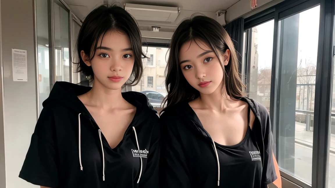 deux femmes ensemble de 18 ans sexy et mince , black short sleeve hoodie , salle de classe, se touche,position sey,sensuel