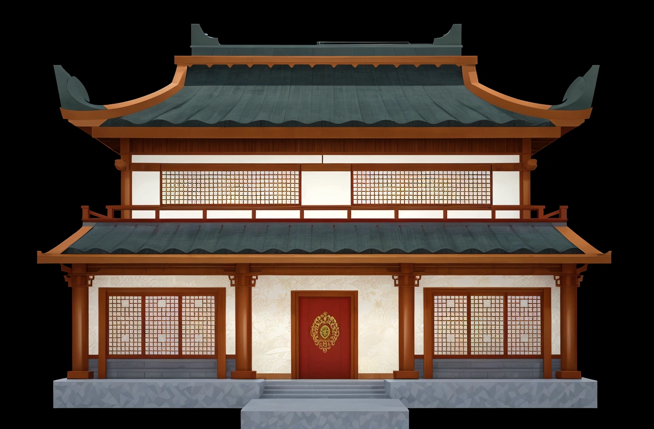illustration of a traditional chinese house with a red door and a green roof, japanese house, digital painting of a pagoda, chinese building, temple background, zen temple background, japanese temple, an extremely detailed building, inspired by Shūbun Tenshō, artwork in the style of z.w. gu, background depicting a temple, korean traditional palace