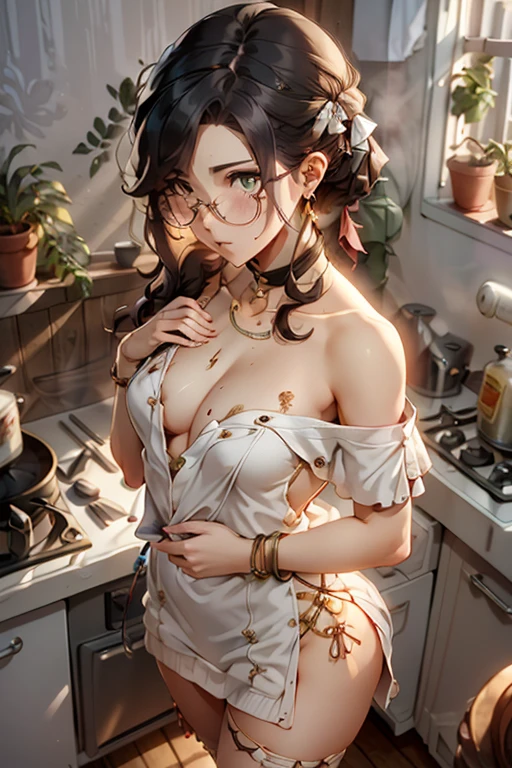 (from above:1.2), (perky chest:1.2), (pointed chest:1.2), 1girl, Bust A Cup, Amazing Cleavage:1.1, thin waist, big ass, Raised sexy, small breast: 1.1 posed cleavage:1.2、solo, looking at viewer, have a cute glass of cute beergrass,black hair, dark green eyes, dress, bare shoulders, jewelry, collarbone, sidelocks, hairband, earrings, indoors, off shoulder, arms behind back, plants, short hair with long locks, gild hairband, off-shoulder dress, sweater dress, off-shoulder sweater, red sweater, dark gord hair, big side hair, very long side hair,is rendered in (masterpiece: 1.2, best quality), with (ultra high resolution) and an exquisite (depth of field). This masterpiece is not only visually stunning but also tells,A scene of cooking in the kitchen