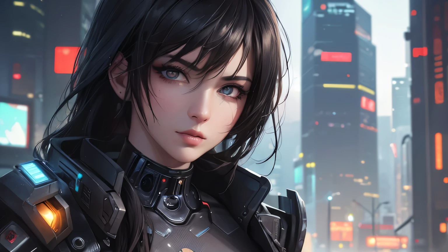 (masterpiece), (best quality), (very detailed), (1 person), (cyberpunk), future city background, detailed eyes, Detailed nose, Detailed lips, perfect face, perfect body, revealing clothing, (((whole body))), placed on the left