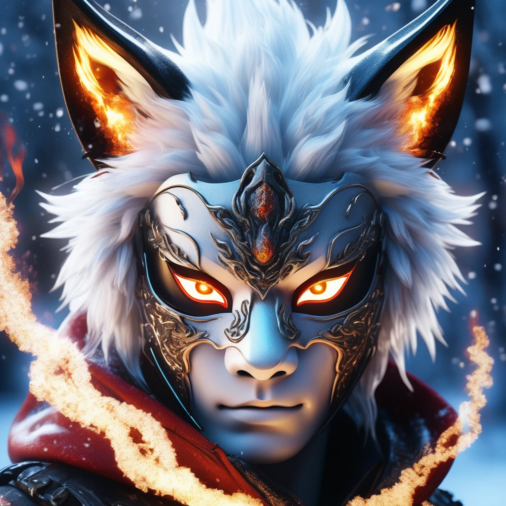 highly detailed, split photo, left side is a metal oni fox mask, right side is a scarred japanese boy with glowing blue eyes and black blindfold and flowing white hair. intricate details, indistinct snow background, bokeh effect, flaming sparks. digital art render, 4K UHD, Unreal Engine 5, more detail, enhanced.