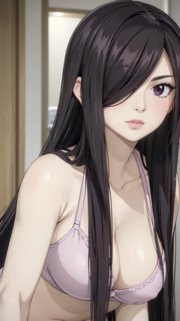 Cute , mature women, realistic skin,perfect ,black hair, long hair, (hair over one eye:1.4), messy hair, hair between eyes, purple bra, chubby,plump,fat, Sexy,dense pubic hair, extreme pubic hair, Sexy lips, pucker lips,cute shy blush on