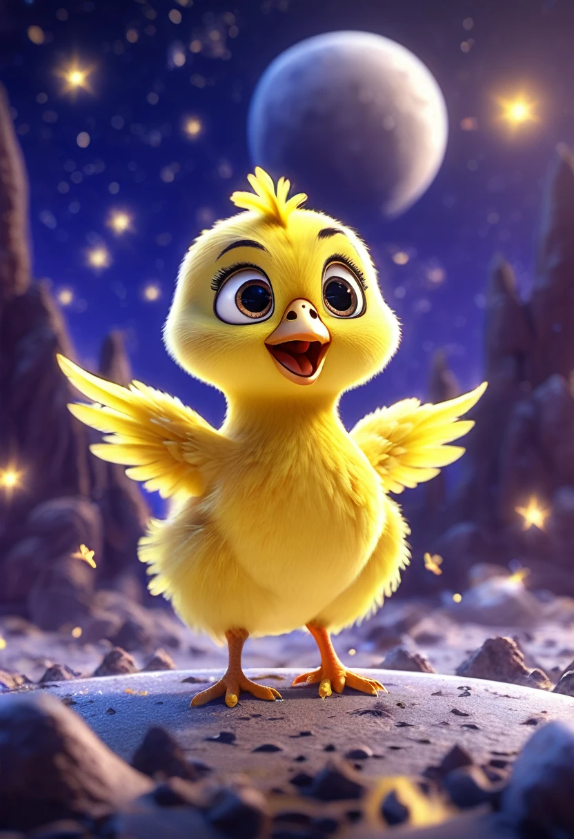 cute yellow chick, standing on moon, cartoon,arms, hands,cute eyes, looking at viewer, arms up, effects background, particles