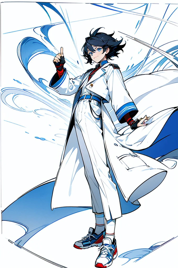 an effeminate teenager with long straight dark hair, although, a little bluish, blue colored eyes, white labcoat, wearing fingerless gloves, Black pants with pockets, white stockings, red and white sneakers with white laces, he is doing a happy pose, looking at screen.