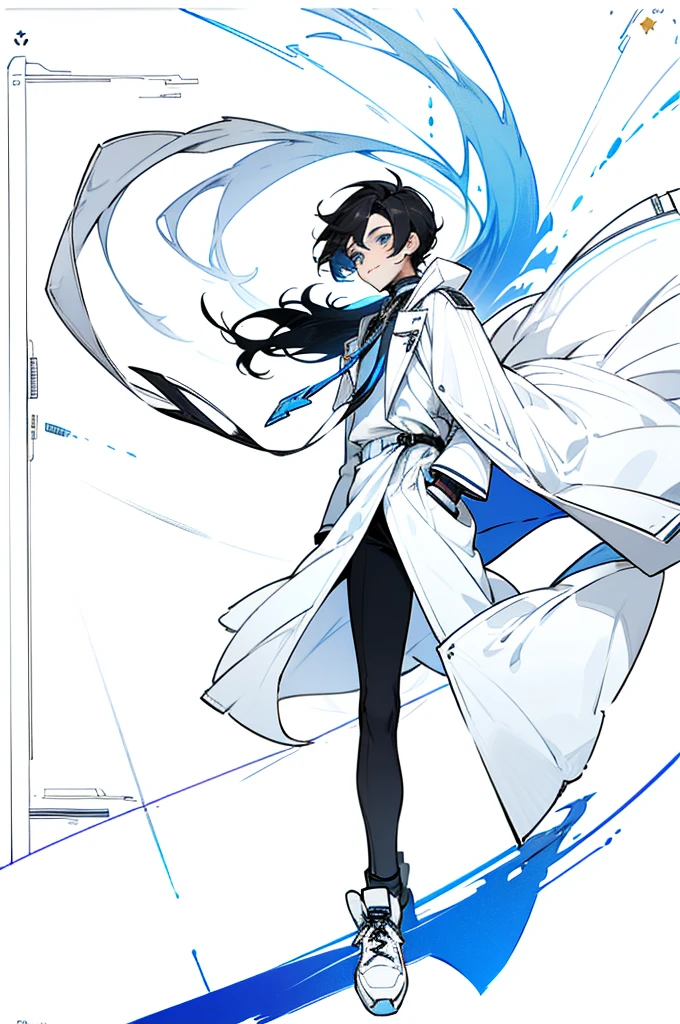 an effeminate teenager with long straight dark hair, although, a little bluish, blue colored eyes, white labcoat, wearing fingerless gloves, Black pants with pockets, white stockings, red and white sneakers with white laces, he is doing a happy pose, looking at screen.