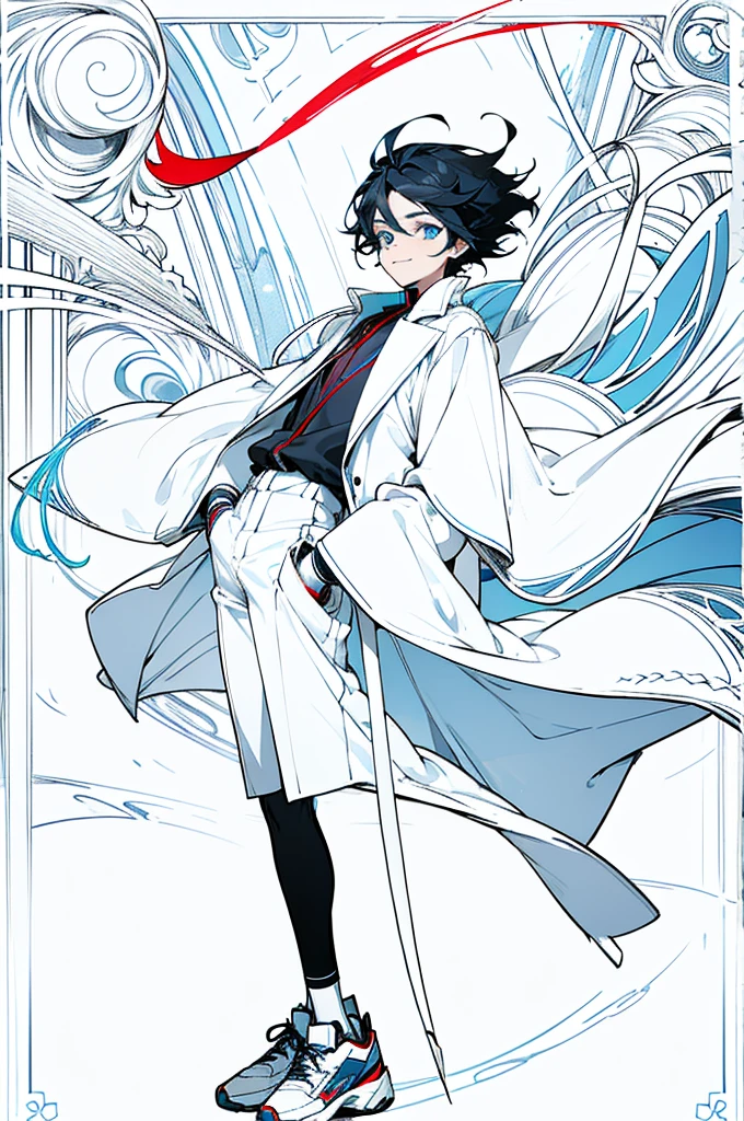 an effeminate teenager with long straight dark hair, although, a little bluish, blue colored eyes, white labcoat, wearing fingerless gloves, Black pants with pockets, white stockings, red and white sneakers with white laces, he is doing a happy pose, looking at screen.