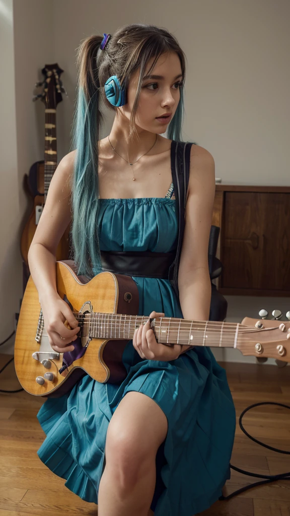 ((masterpiece, best quality))1girl, solo, fashion dress, electric guitar, headphones, ponytail, holding, holding plectrum, instrument, very long hair, music, one side up, teal hair, twin tails, playing guiter, pleated long skirt fashion, fashion dress, interior, full body, purple, sit down