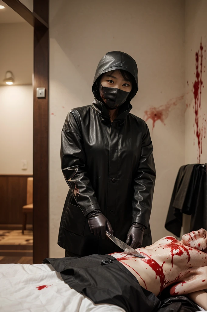 korean girl, (behind corpse, blood splatter), surgical mask, holding knife, stabbing, black raincoat, leather gloves, trucker hat, room full of blood, short hair, holding knife, leather gloves, behind corpse, night, mass murderer, robbery, in the hotel,