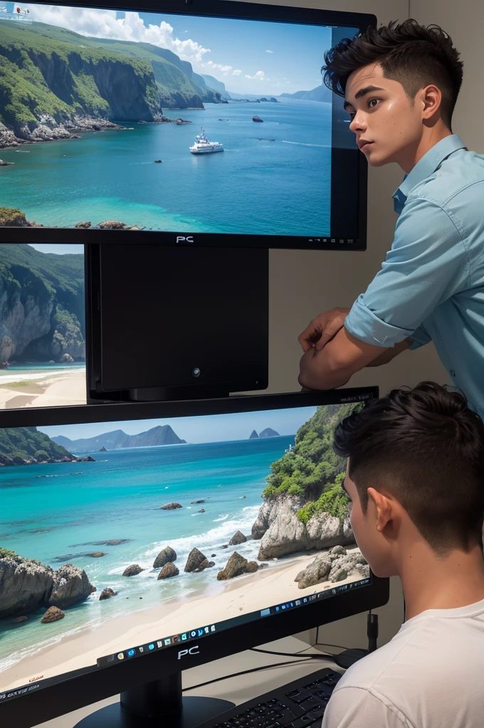 A coastal boy looking at the PC in front of him