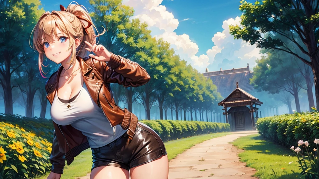 1girl, solo, full body, summer, village, trees, sun, clouds, ((colorful hair)), ponytail, large breasts, ((brown leather jacket)), brown leather shorts, ((blue undervest)), cleavage 1:3, blue eyes, skirt, smile, looking at the viewer, standing, hair ribbon, golden necklate