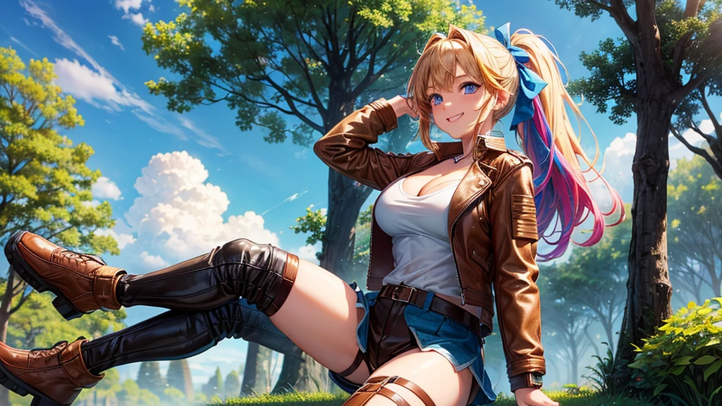 1girl, solo, full body, summer, village, trees, sun, clouds, ((colorful hair)), ponytail, large breasts, ((brown leather jacket)), brown leather shorts, ((blue undervest)), cleavage 1:3, blue eyes, skirt, smile, looking at the viewer, standing, hair ribbon, golden necklate
