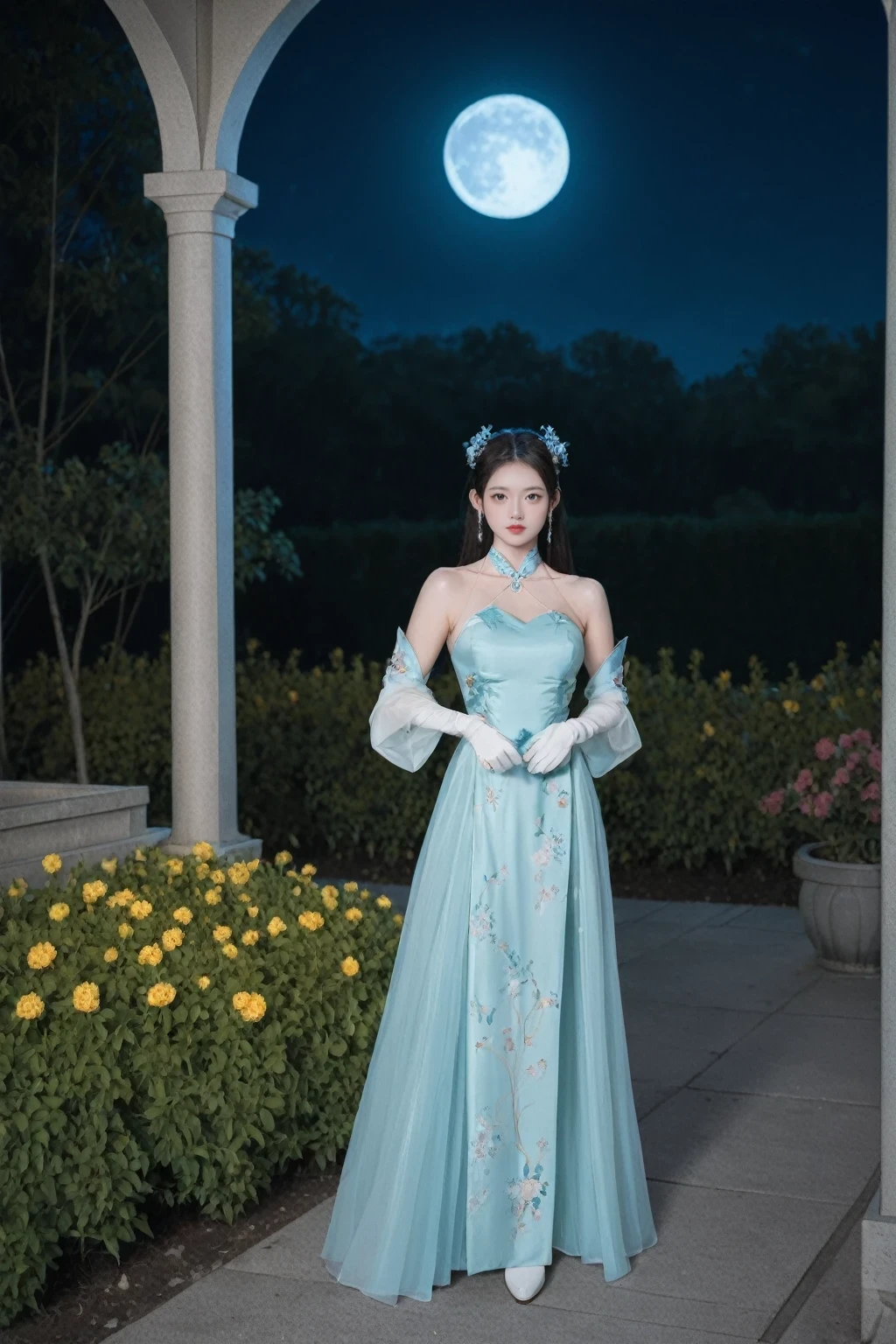 score_9, score_8_up, score_7_up, BREAK,
A photorealistic masterpiece featuring a young woman standing alone, looking directly at the viewer with an expressionless face and closed mouth. She is cosplaying as Jingliu, characterized by her white, long hair. The woman wears a dress with bare shoulders and detached sleeves, complemented by gloves and thigh-high boots. She is set against the backdrop of a Chinese garden at night, illuminated by the moon. In her hand, she holds a sword, adding to the serene yet powerful ambiance of the scene. The garden is lush with traditional Chinese flora, and the moon casts a soft, ethereal glow over the entire setting, enhancing the mystical and elegant atmosphere.