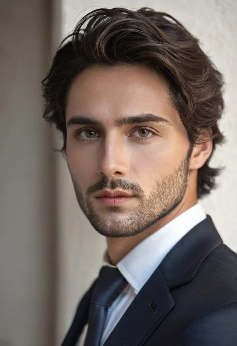 Man in suit looking at camera, face perfect, perfect handsome face, Handsome face, Inspired by Luca Zontini,good looking face, really good looking face!!, handsome attractive face, looking intensely at the camera, Rafael Personas, handsome detailed face