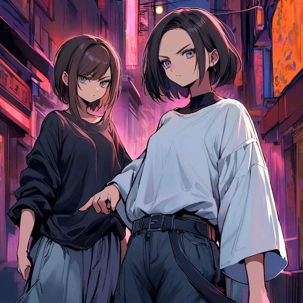make me a female, 16 years old, short dark brown hair, grey eyes, baggy jeans and oversized shirt, she looks serious, she's pointing a gun at someone