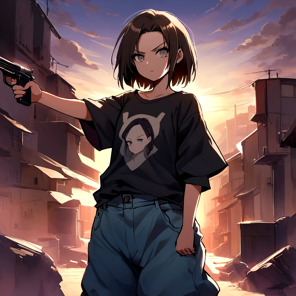 make me a female, 16 years old, short dark brown hair, grey eyes, baggy jeans and oversized shirt, she looks serious, she's pointing a gun at someone