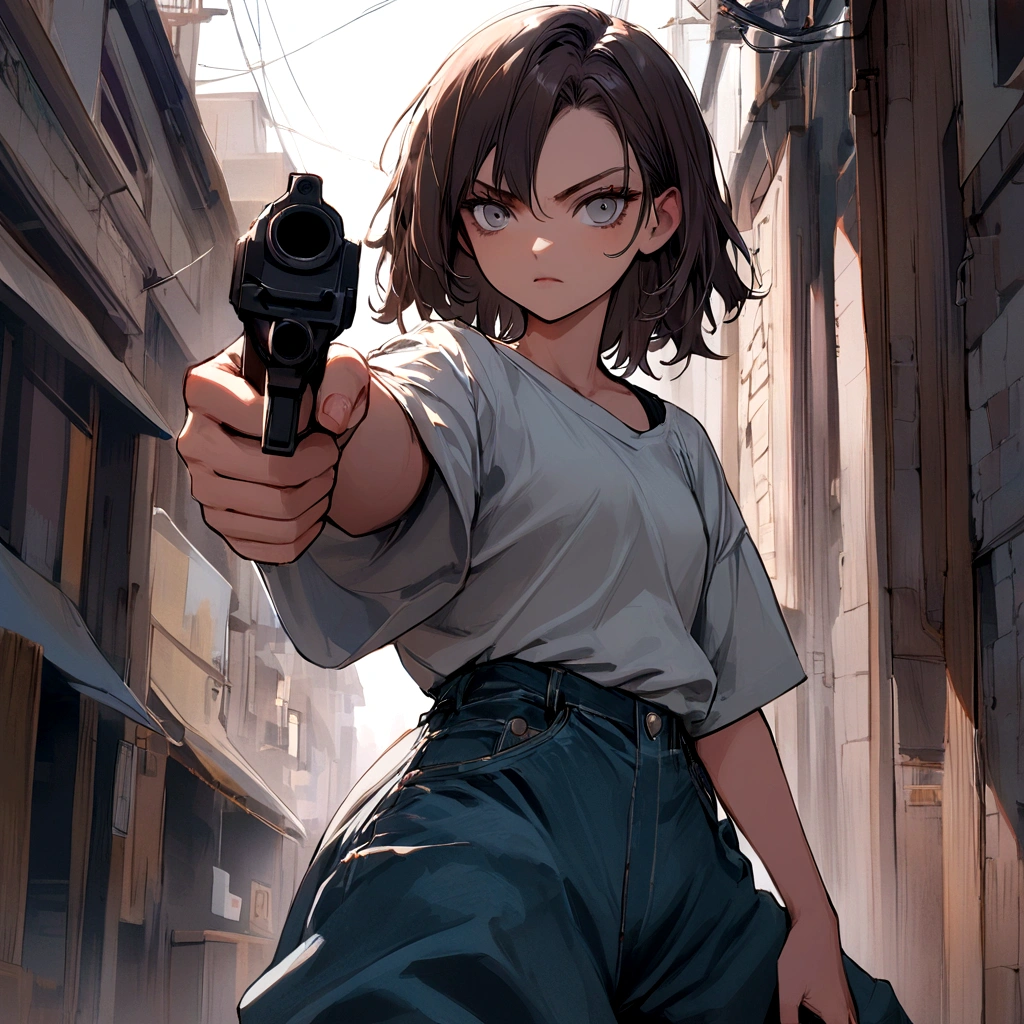 make me a female, 16 years old, short dark brown hair, grey eyes, baggy jeans and oversized shirt, she looks serious, she's pointing a gun at someone