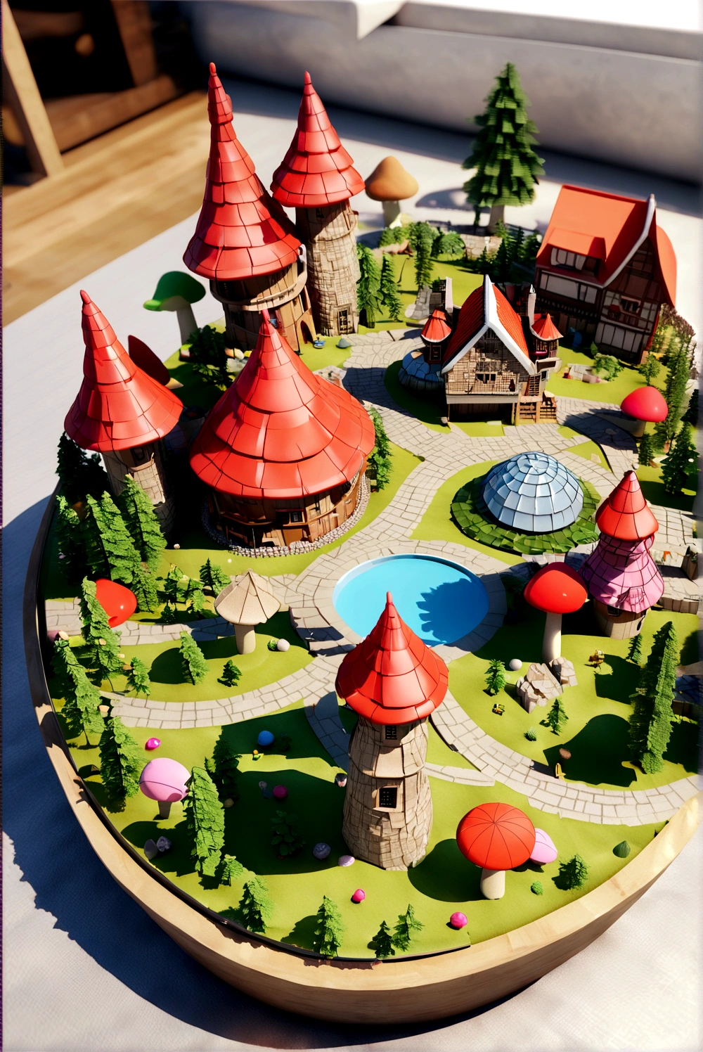 miniature,Super cute clay world, City isometric view ,Game architecture design, Cartoon,Mushroom House,Mushrooms and architecture complement each other,casual game style, Mushroom-shaped building, .。.3d, Blender,Close-up cleavage,masterpiece,Super Detail,Best quality