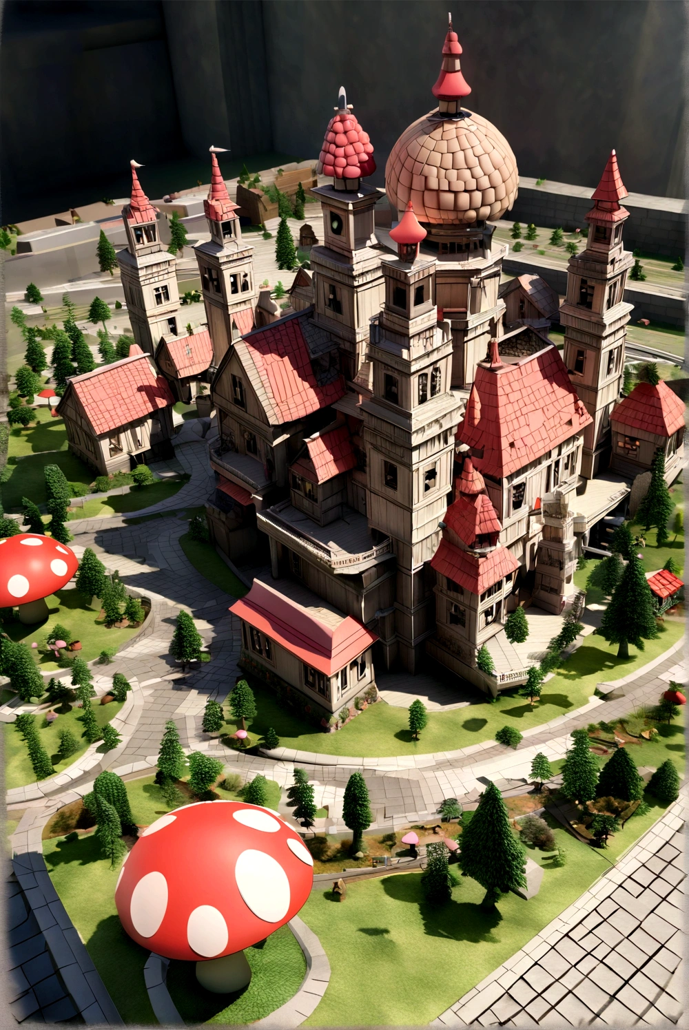 miniature,Super cute clay world, City isometric view ,Game architecture design, Cartoon,Mushroom House,Mushrooms and architecture complement each other,casual game style, Mushroom-shaped building, .。.3d, Blender,Close-up cleavage,masterpiece,Super Detail,Best quality
