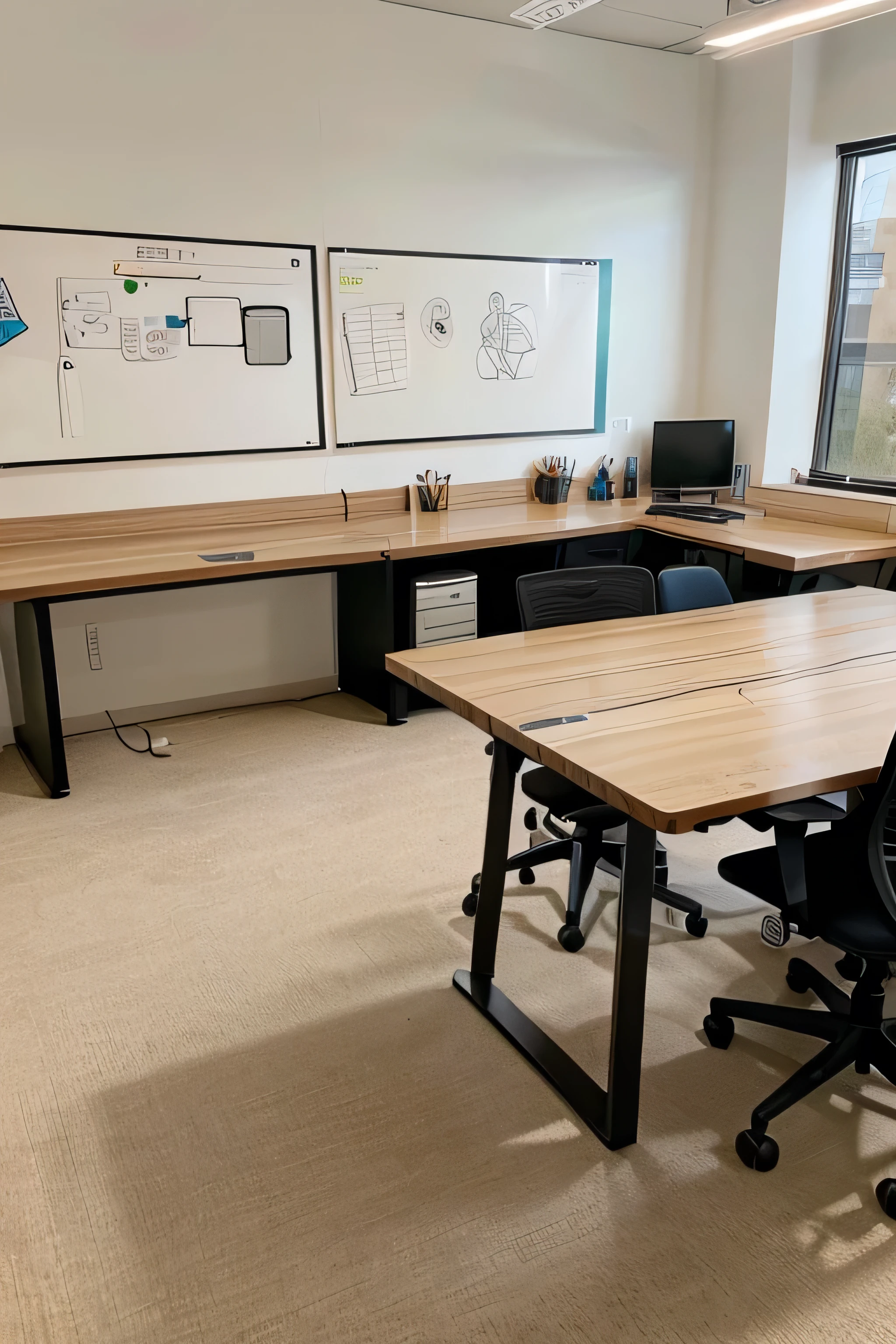 natural landscape of a tech startup workspace with modern desks, laptops, and idea boards filled with sketches and notes
