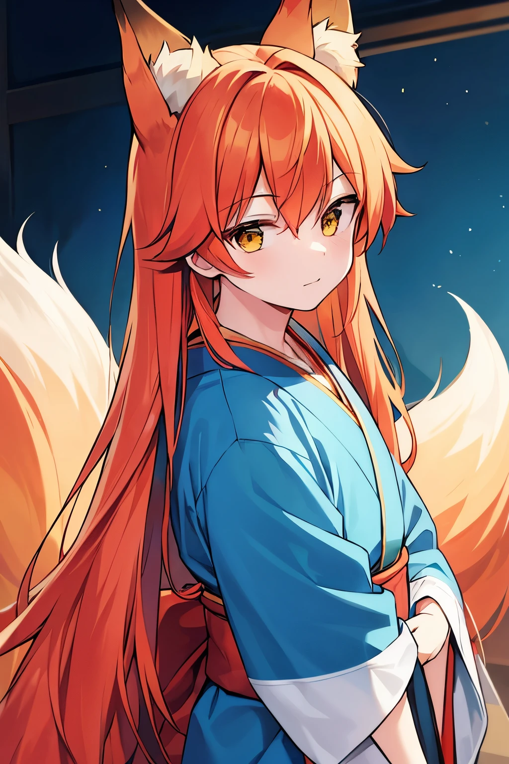 A boy, with long reddish blonde hair, Yellow eyes, he wears a blue and red kimono, he has fox ears and a fox tail. 