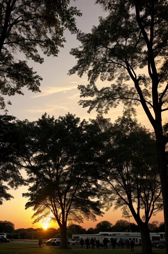 hospital, a lot of people, trees, sunset